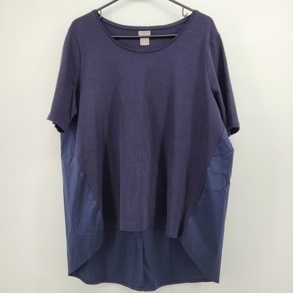 Chicos Mixed Media Navy Blue High Low Knit Woven Top Size 2 LG Short Sleeve